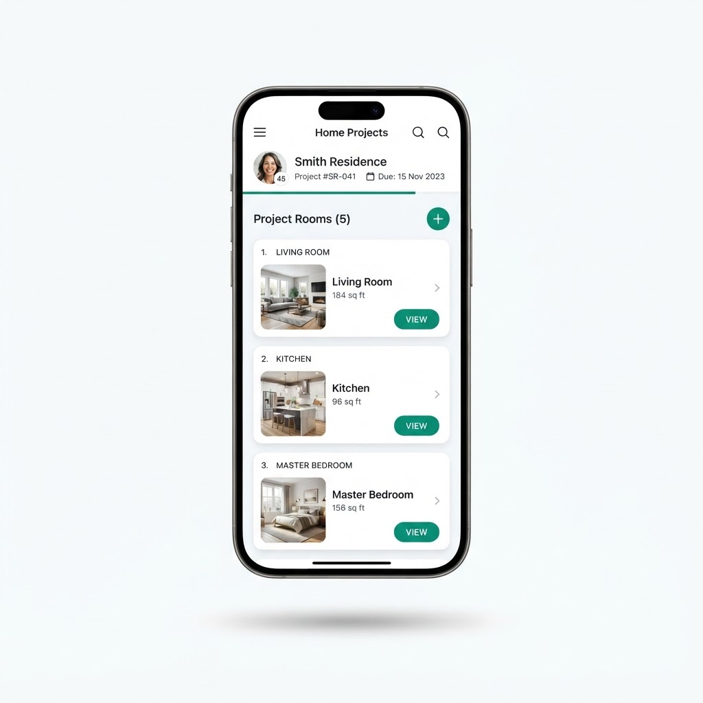 CleanQuotes app showing a project with a list of scanned rooms and their square footage