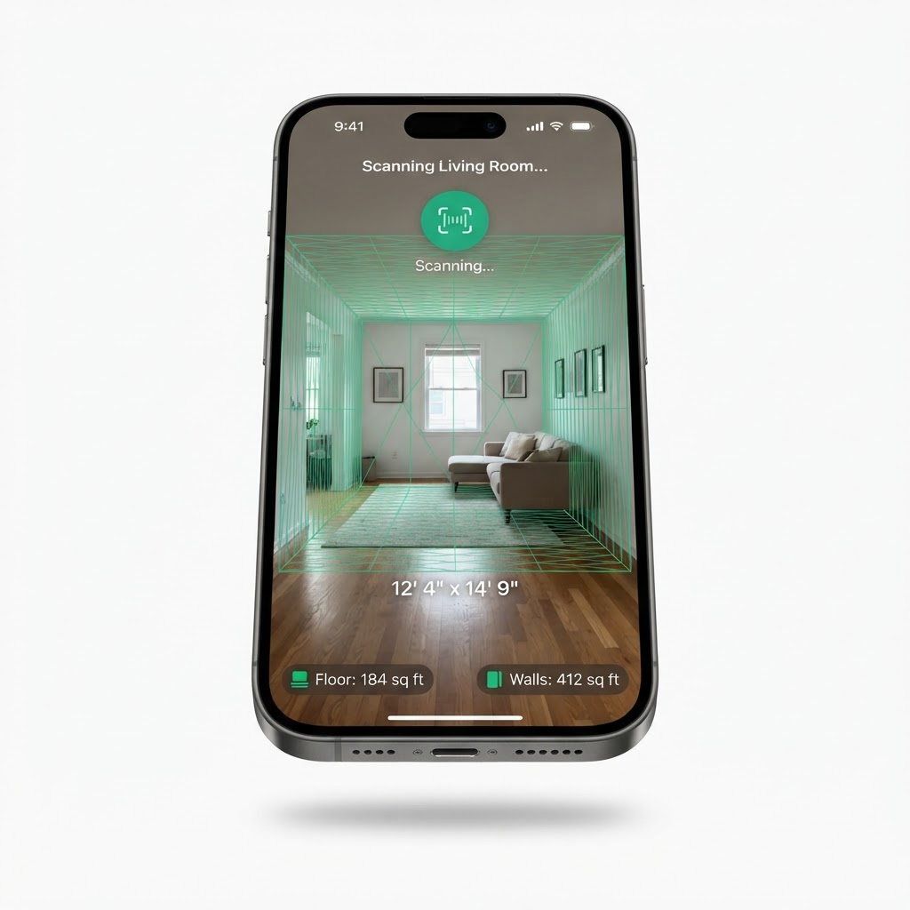 CleanQuotes iOS app scanning a living room in 3D with floor and wall square footage displayed