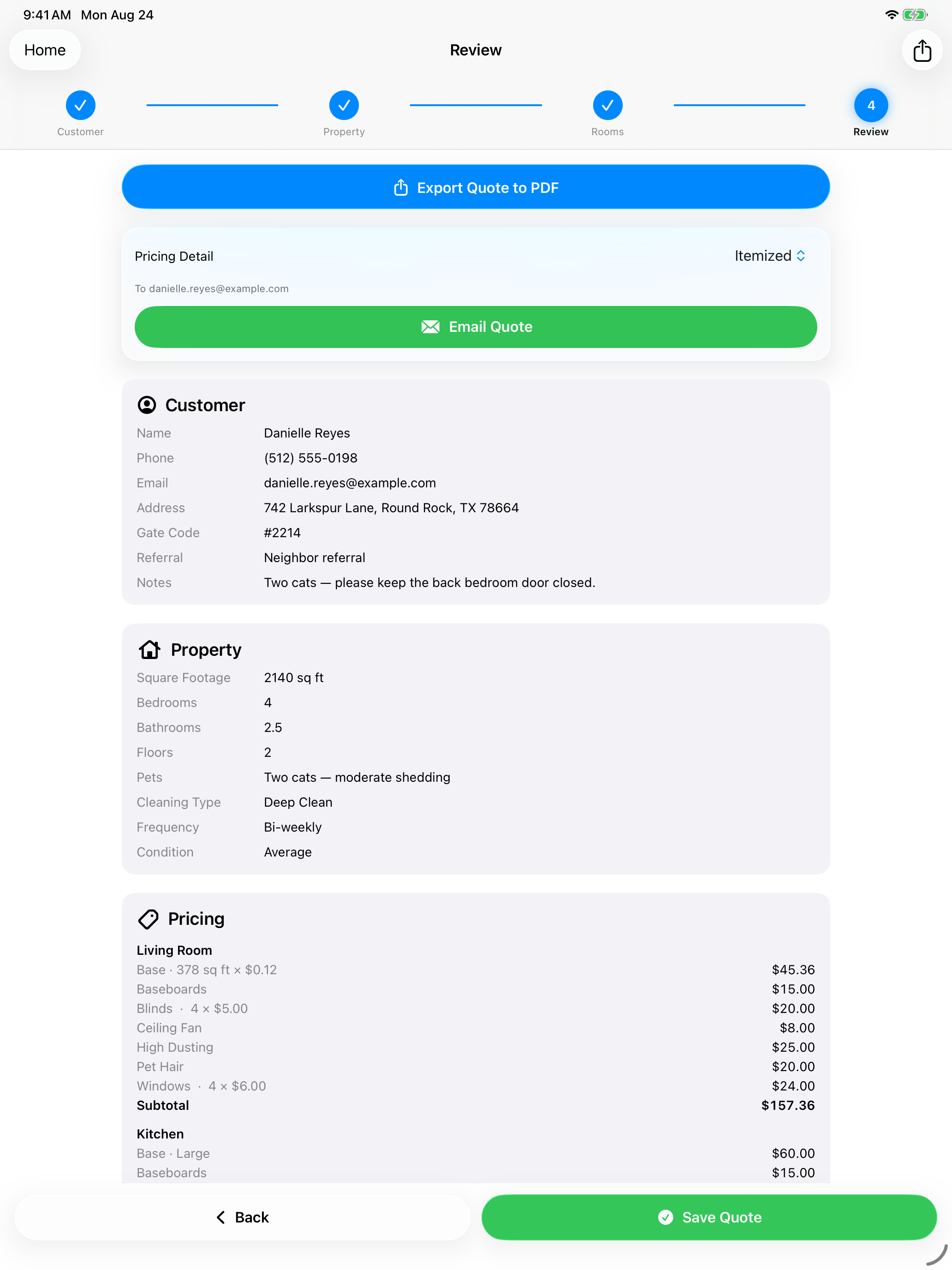 CleanQuotes Review step on iPad with Export Quote to PDF, an Email Quote card, and the itemized price breakdown.