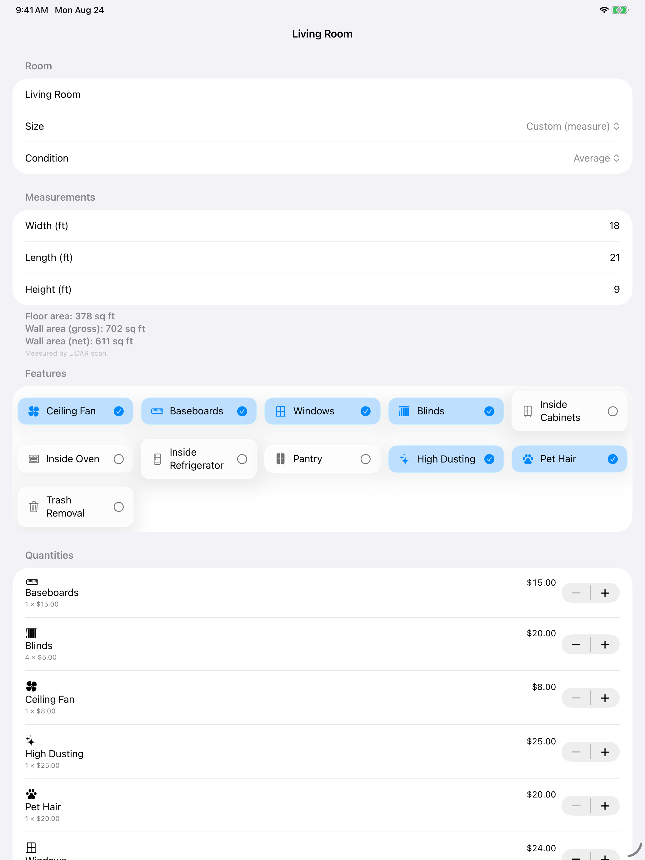 CleanQuotes room editor on iPad: an 18 by 21 by 9 foot living room measured by LiDAR showing 378 sq ft floor area and 702 / 611 sq ft gross and net wall area, with a feature checklist and per-feature quantities and prices.
