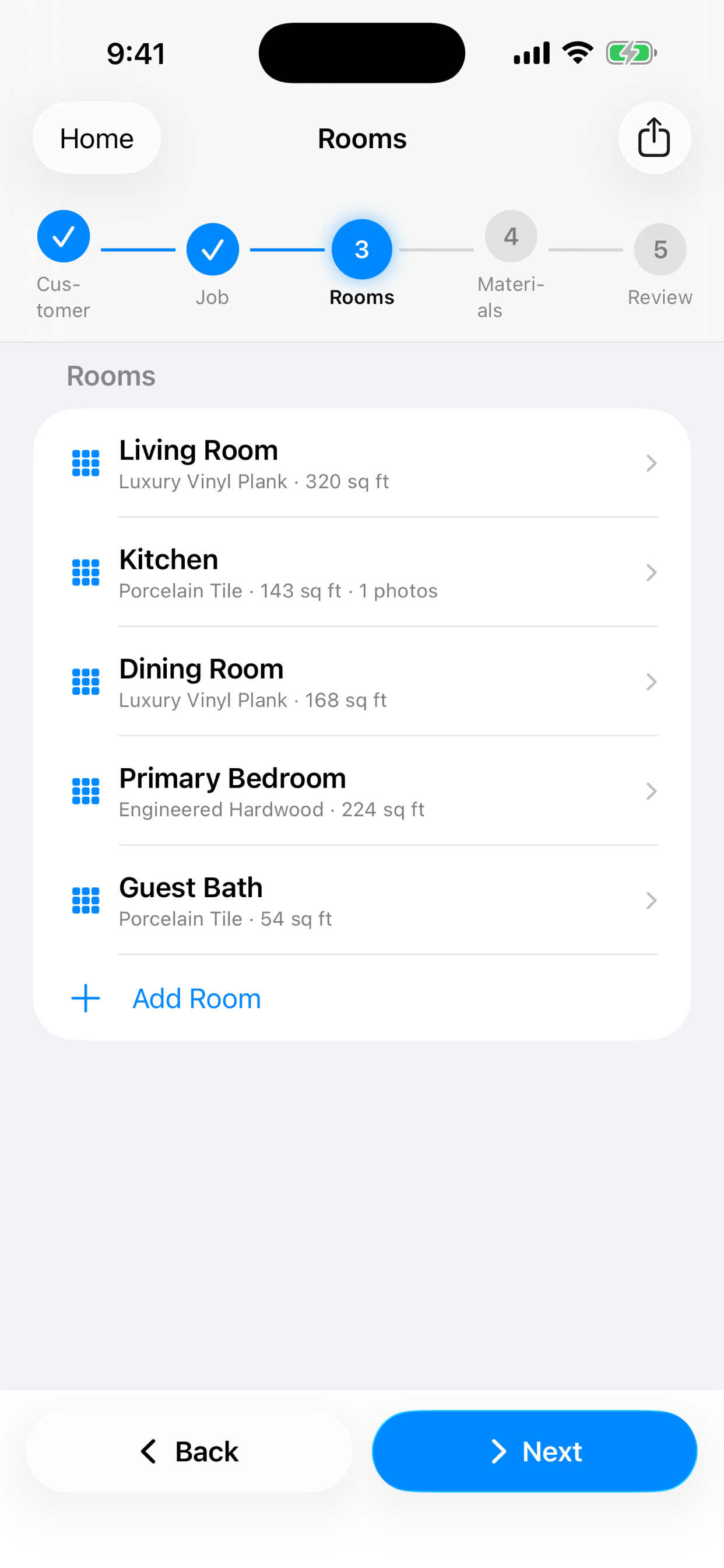 CleanQuotes flooring quote on iPhone listing five rooms with their floor type and square footage, such as Kitchen, Porcelain Tile, 143 sq ft.
