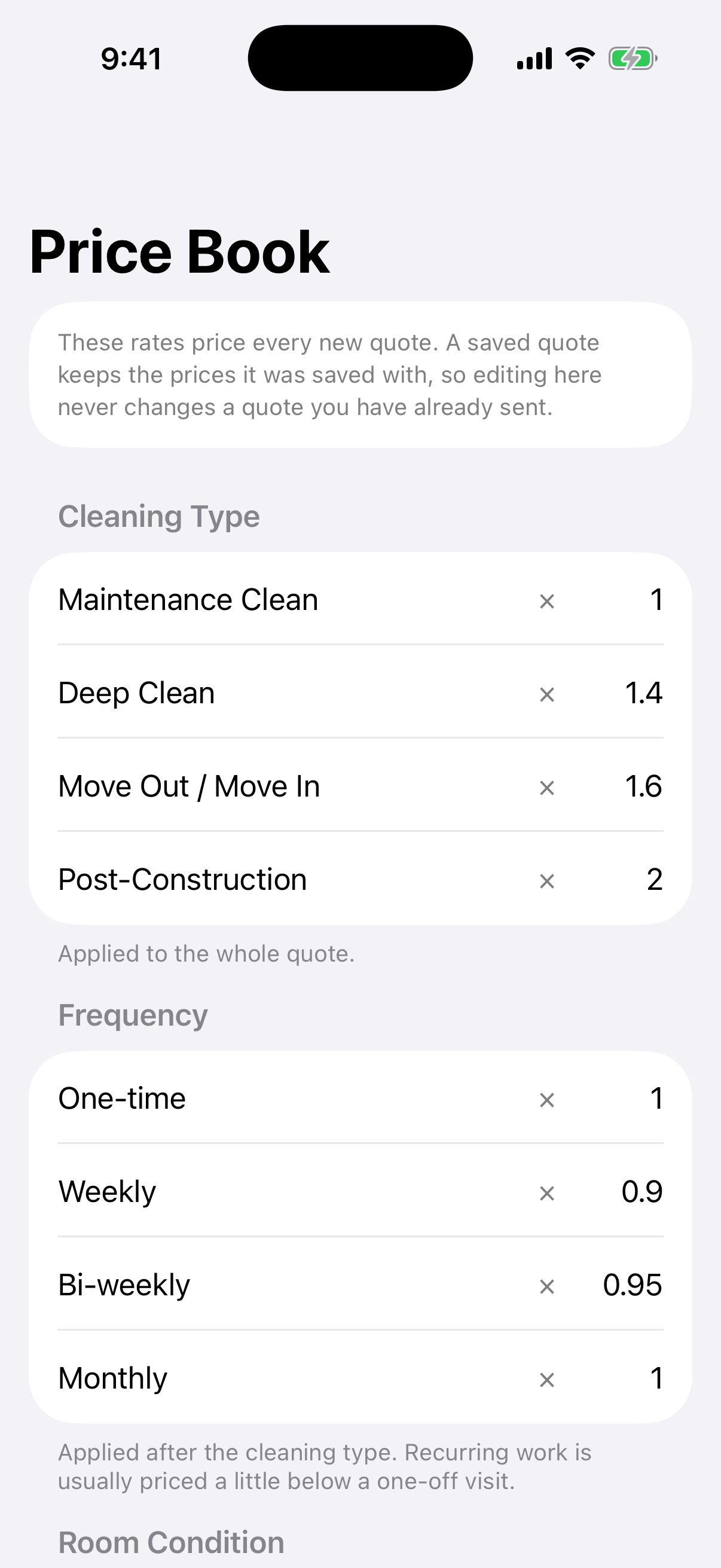 CleanQuotes Price Book on iPhone showing editable cleaning-type and frequency multipliers: Deep Clean times 1.4, Bi-weekly times 0.95.