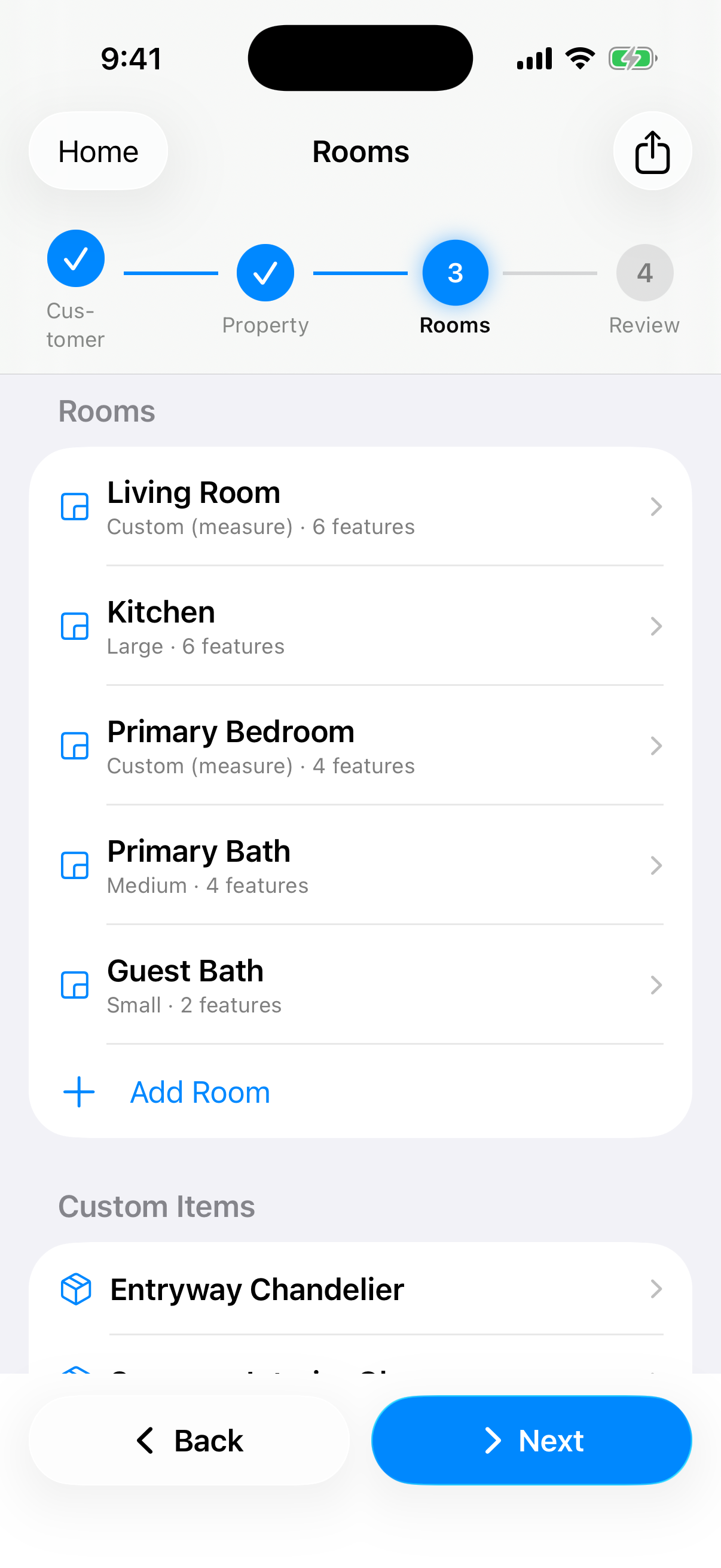 CleanQuotes room list on iPhone with five rooms and two custom items for the quote.