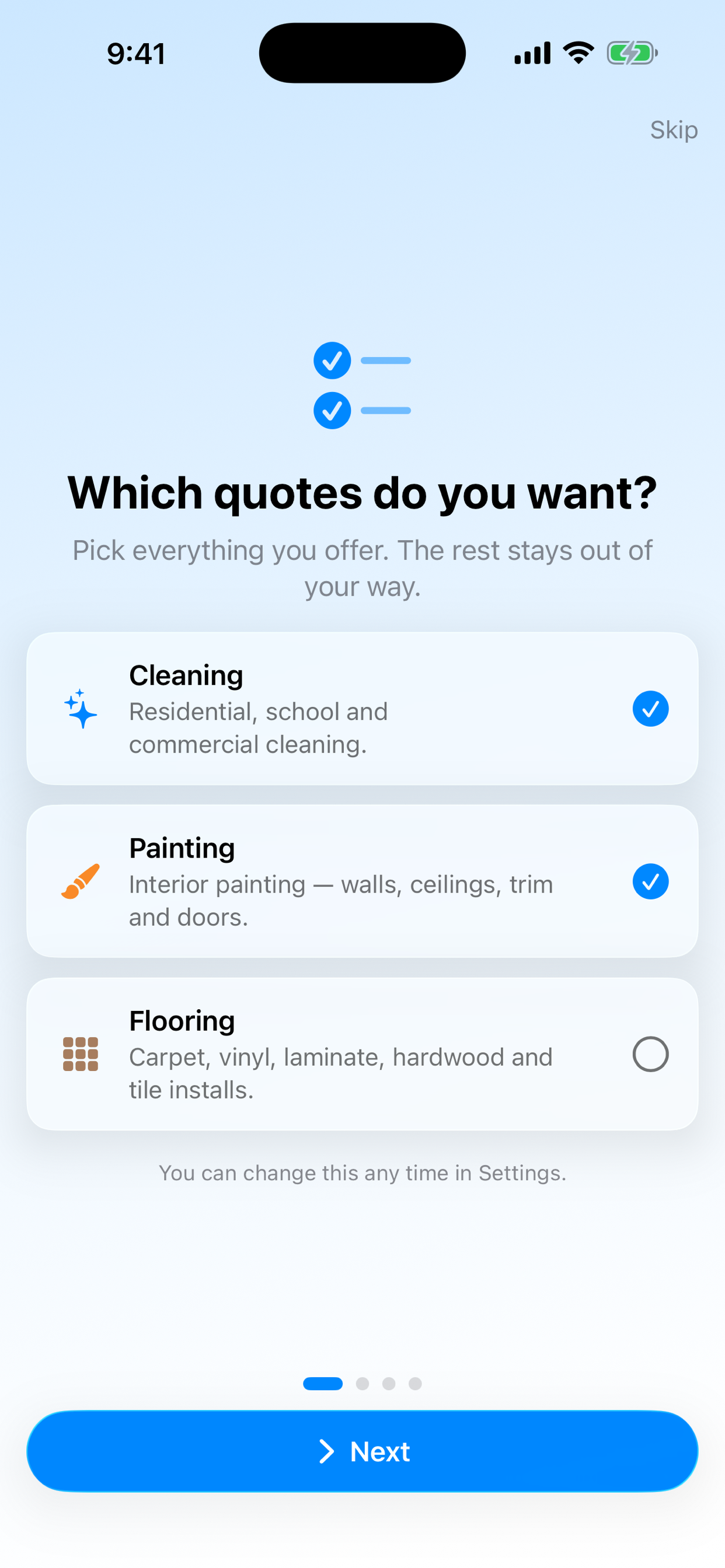 CleanQuotes first-launch screen on iPhone asking which quotes you want, with Cleaning and Painting selected and Flooring not selected.