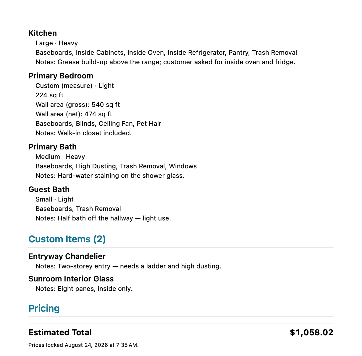 Grand-total CleanQuotes PDF: the same rooms and scope with no individual rates and a single Estimated Total of $1,058.02.