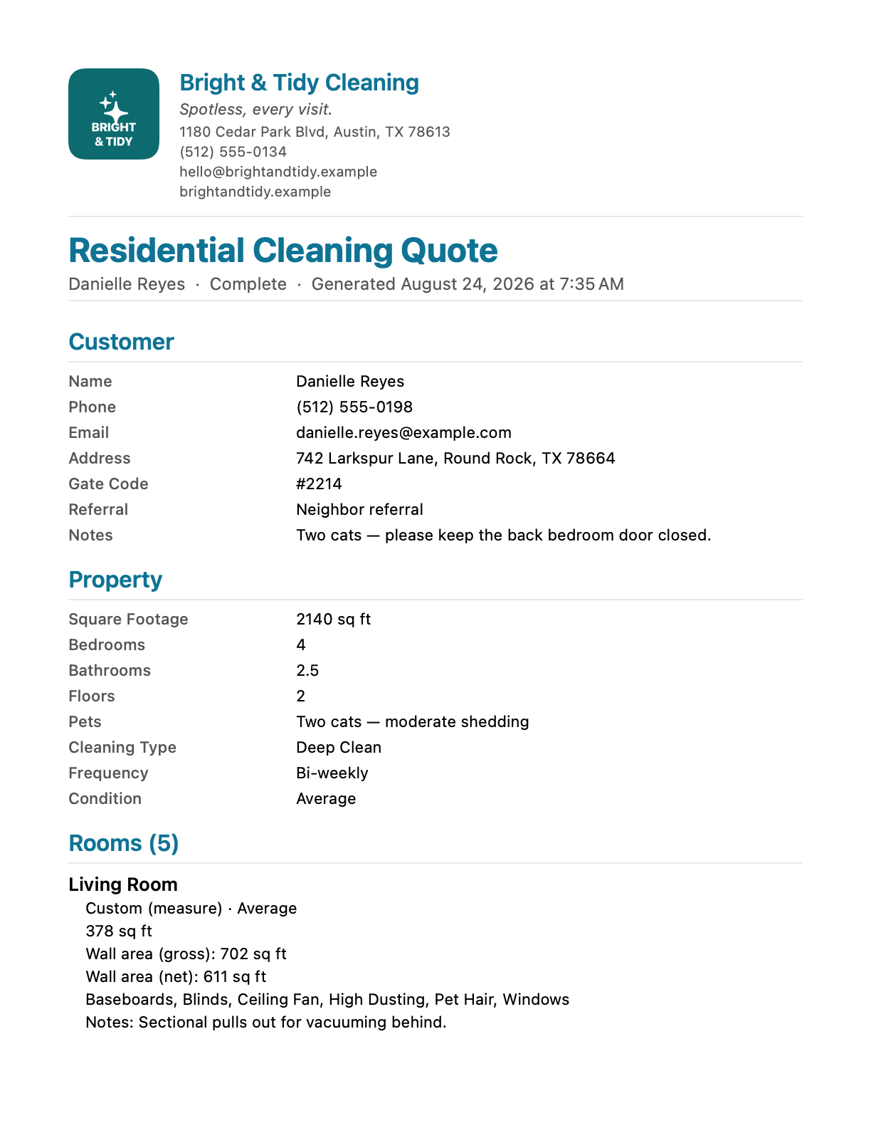 Exported CleanQuotes PDF for Bright & Tidy Cleaning: company letterhead, Danielle Reyes' customer details, the property summary, and the first room with its LiDAR measurements.