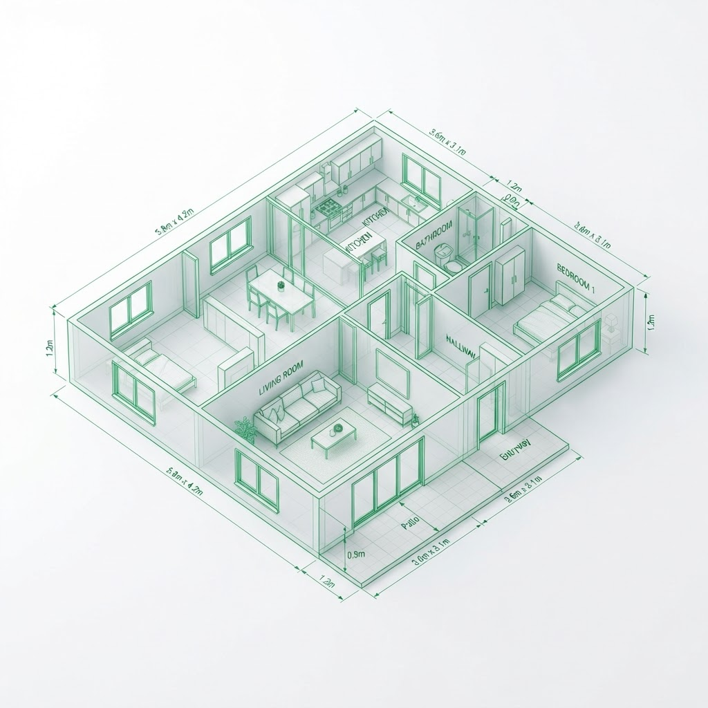 Isometric 3D map of a scanned house showing multiple rooms with dimensions